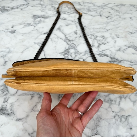 MAXON COLLECTION PEBBLED LEATHER MUSTARD YELLOW ASYMMETRIC FLAP CROSSBODY BAG - Picture 11 of 15